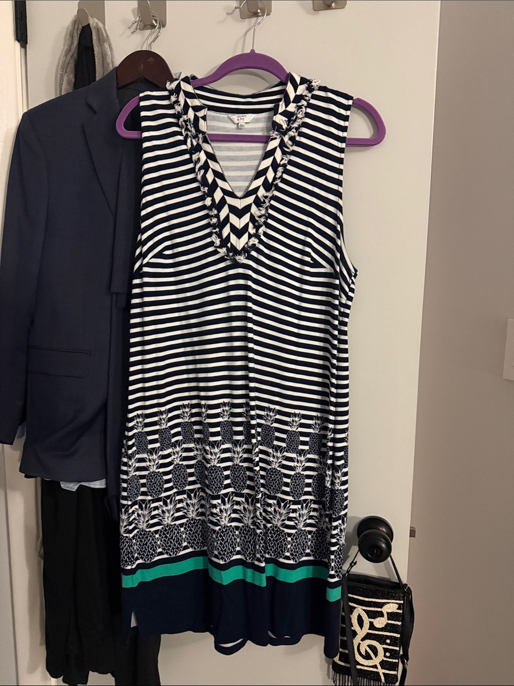 crown & ivy Navy, White, Teal pineapple  Striped dress